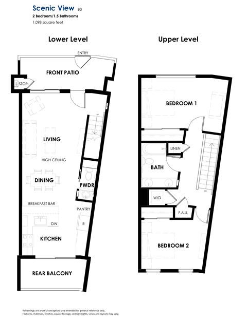 Floor plan for 2 beds, 1.5 baths, 1098 sqft